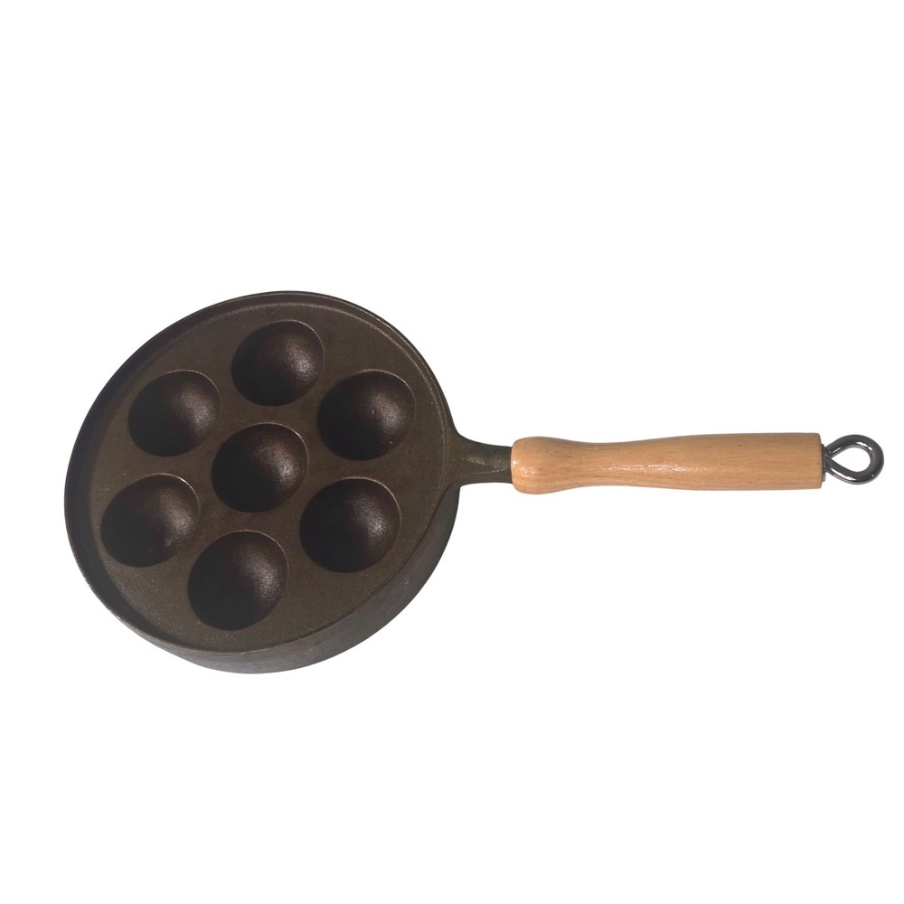 Vintage Cast Iron Aebleskiver Pan 7 Hole Danish Pancake Maker Wood Handle 8in